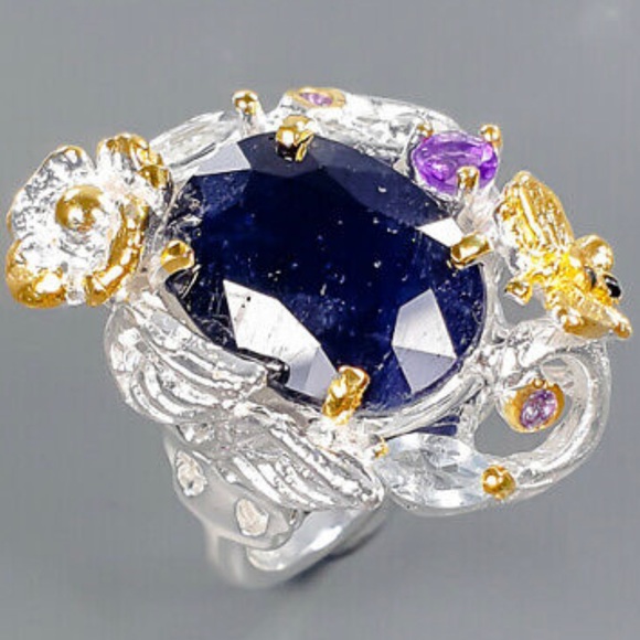 Classy Genuine Blue Sapphire Ring with Gems